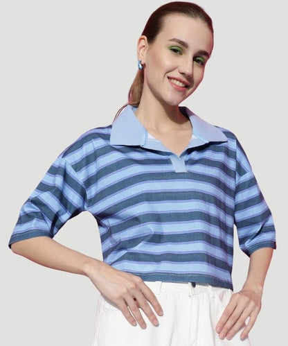 Women's Blue Striped Half Sleeves Loose Fit Top