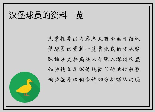 汉堡球员的资料一览